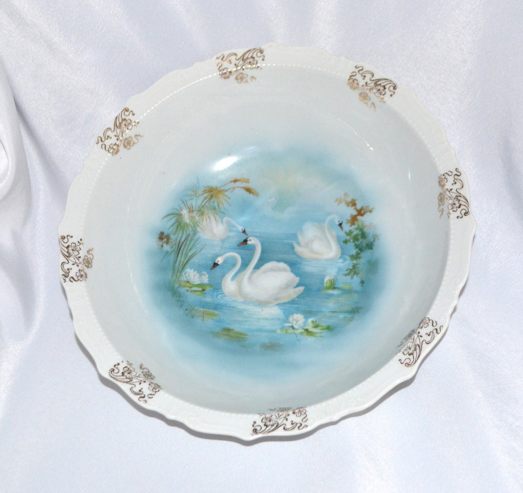 Large Antique Bavarian Porcelain Scenic Bowl Swan Birds on Lake