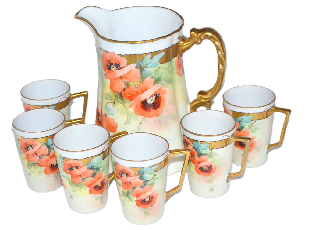 Bavaria Porcelain Lemonade Water Set 7 pc. Pitcher Tumblers Artist Signed Hand Painted Orange Poppies