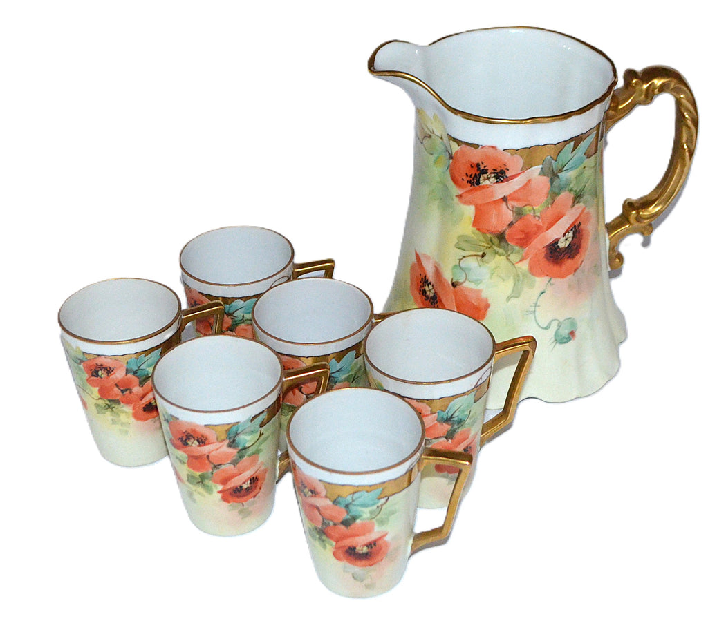 Bavaria Porcelain Lemonade Water Set 7 pc. Pitcher Tumblers Artist Signed Hand Painted Orange Poppies