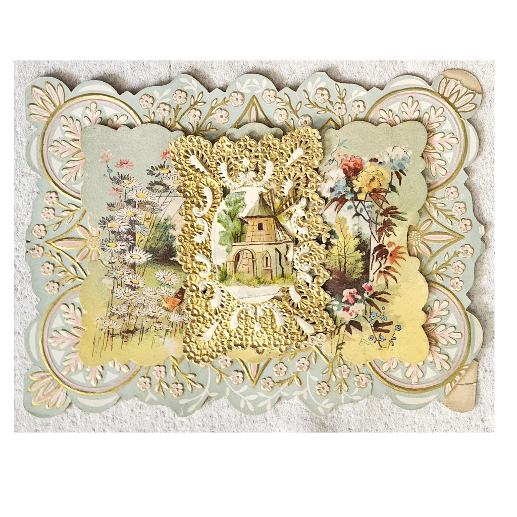 Antique Die Cut 1800s Valentine Card House Nestled in Flower Field Gold Lace