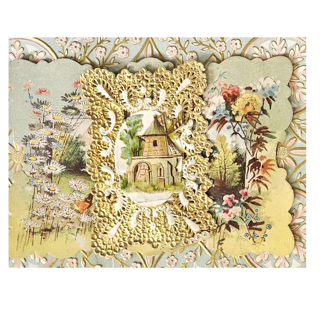 Antique Die Cut 1800s Valentine Card House Nestled in Flower Field Gold Lace