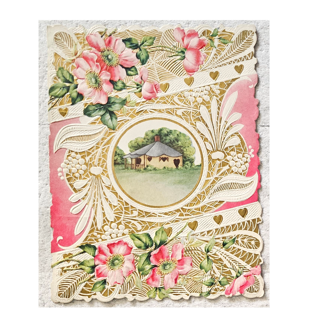 Vintage 1800s Valentine Die Cut House In Forest Wrapped in Gold/Flower Border