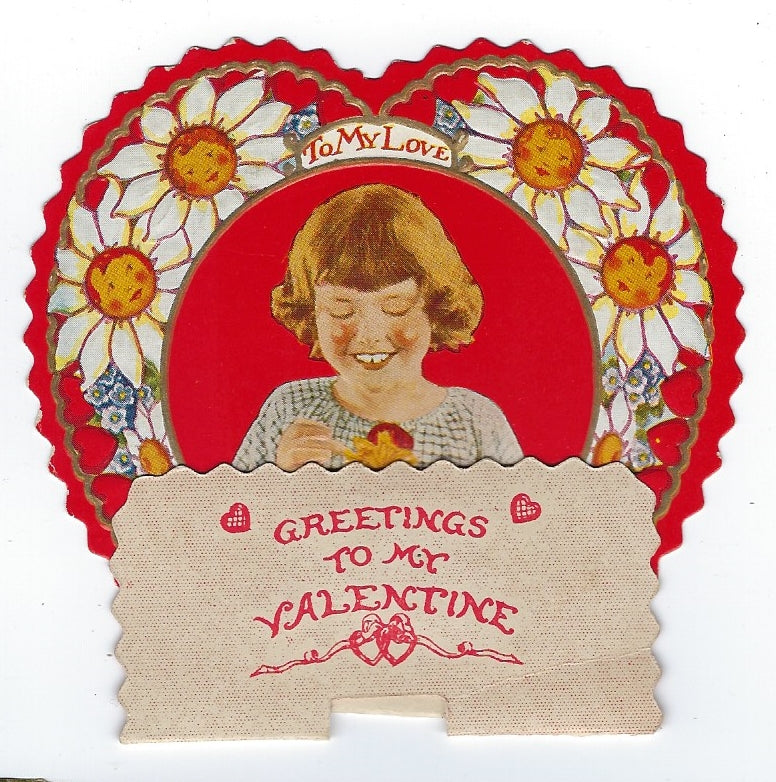 Vintage Die Cut Valentine Card Girl with Daisies