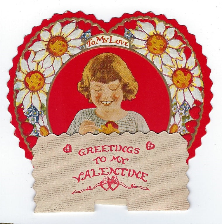Vintage Die Cut Valentine Card Girl with Daisies