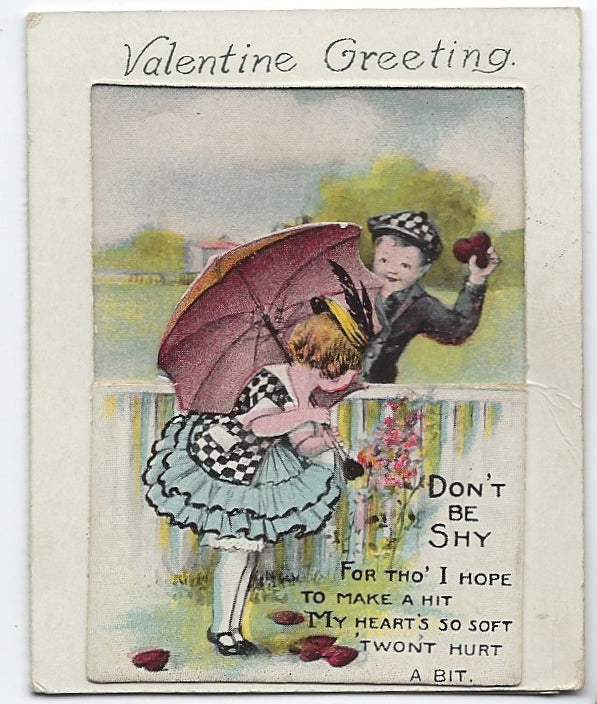 Vintage Die Cut Valentine Card Girl Under Umbrella Boy w/ Heart at Fence
