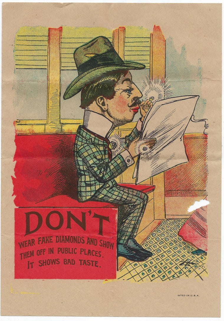 Vintage Antique Vinegar Valentine Don't Wear Diamonds in Public Man in Suit Seated on Bench