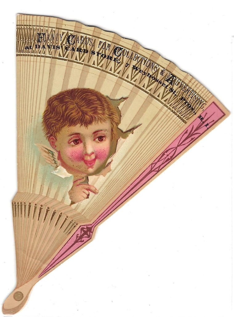 Advertising Trade Card  1880s Fan Shaped with Cherub Face with Wings Davis Store Fancy Cards Providence RI