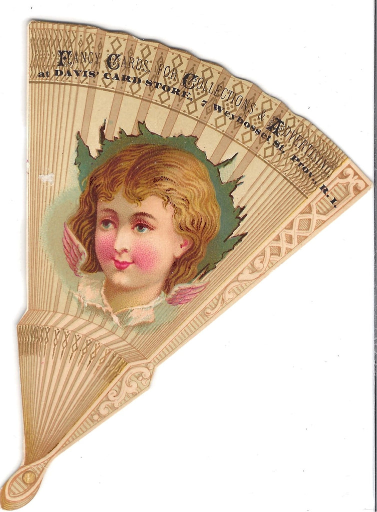 Advertising Trade Card  1880s Fan Shaped with Cherub Face Davis Store Fancy Cards Providence RI