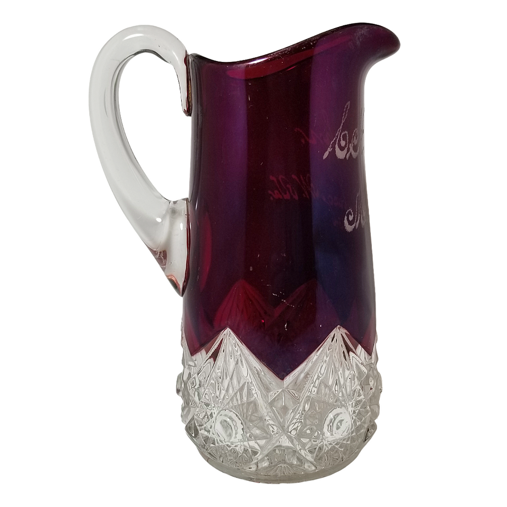Antique EAPG Ruby Stained Souvenir Pitcher 1913 Martinsburg W Va | 8" Arch Pressed Jug