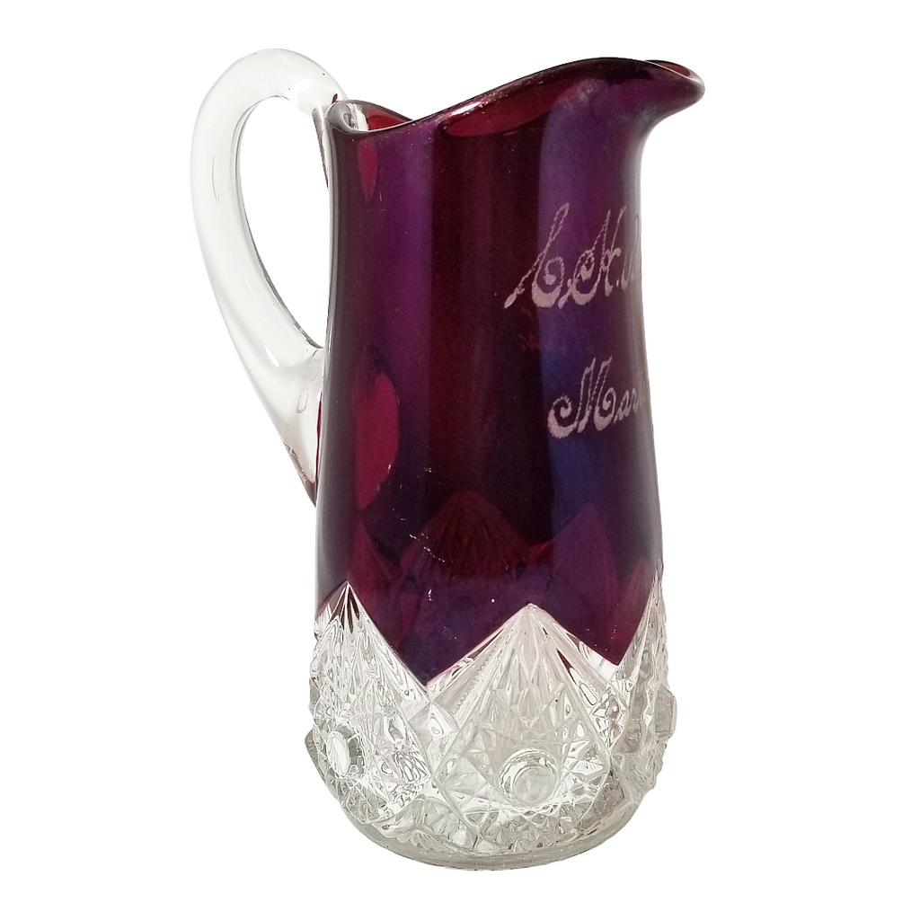 Antique EAPG Ruby Stained Souvenir Pitcher 1913 Martinsburg W Va | 8" Arch Pressed Jug