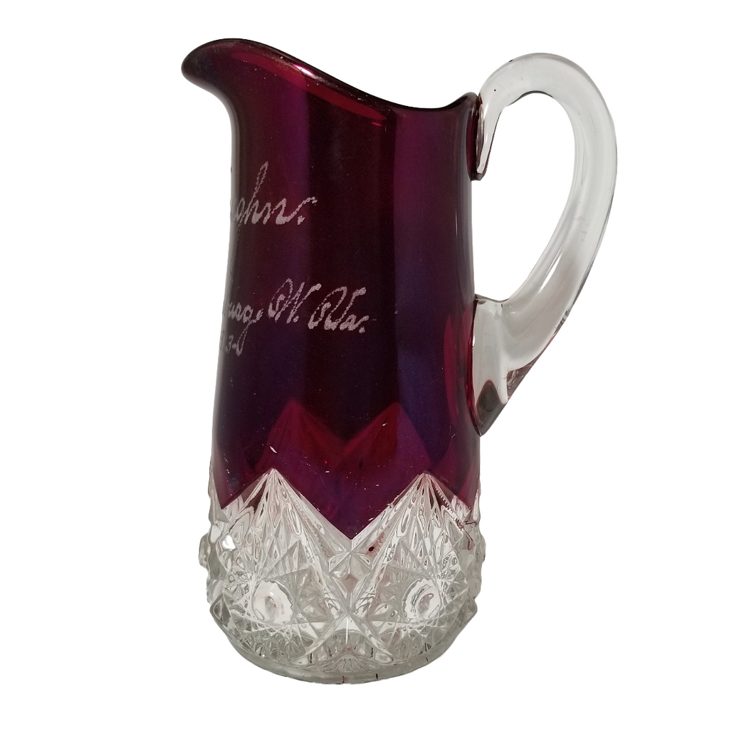 Antique EAPG Ruby Stained Souvenir Pitcher 1913 Martinsburg W Va | 8" Arch Pressed Jug