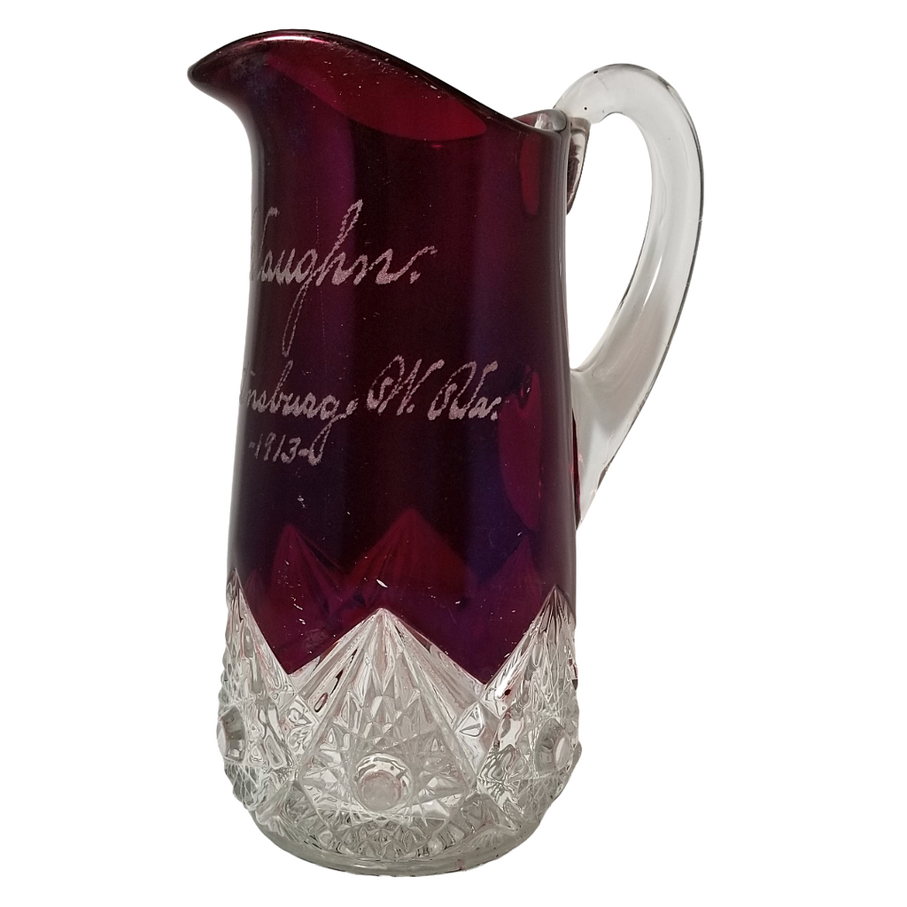 Antique EAPG Ruby Stained Souvenir Pitcher 1913 Martinsburg W Va | 8" Arch Pressed Jug