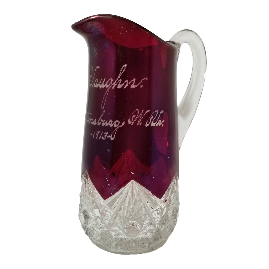 Antique EAPG Ruby Stained Souvenir Pitcher 1913 Martinsburg W Va | 8" Arch Pressed Jug