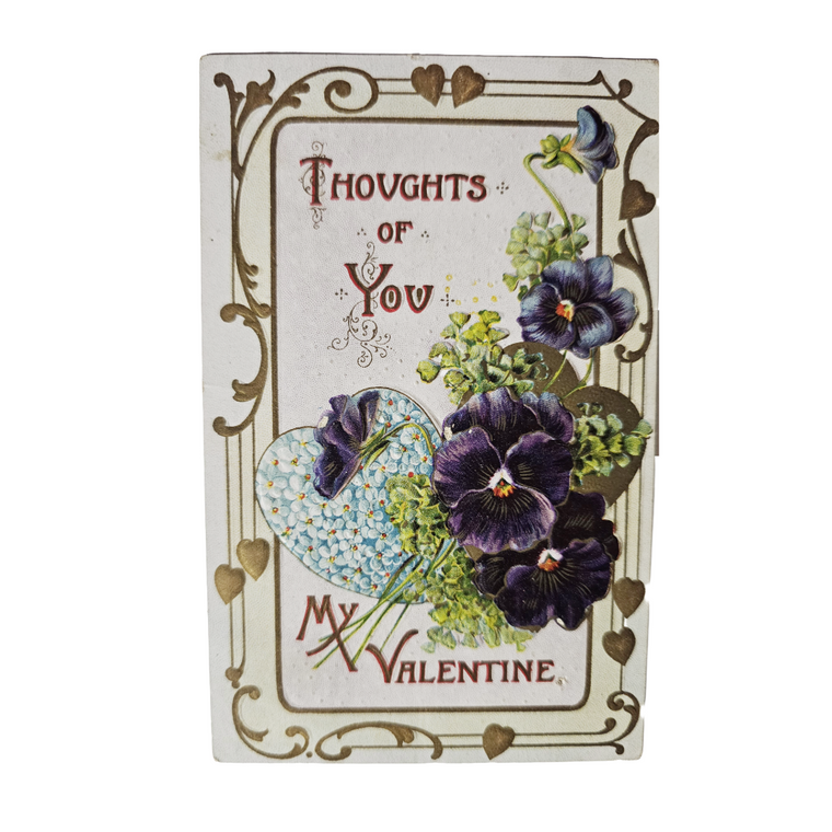 Valentine Postcard Gold Embossed Violet Flowers w/Blue Flower Heart