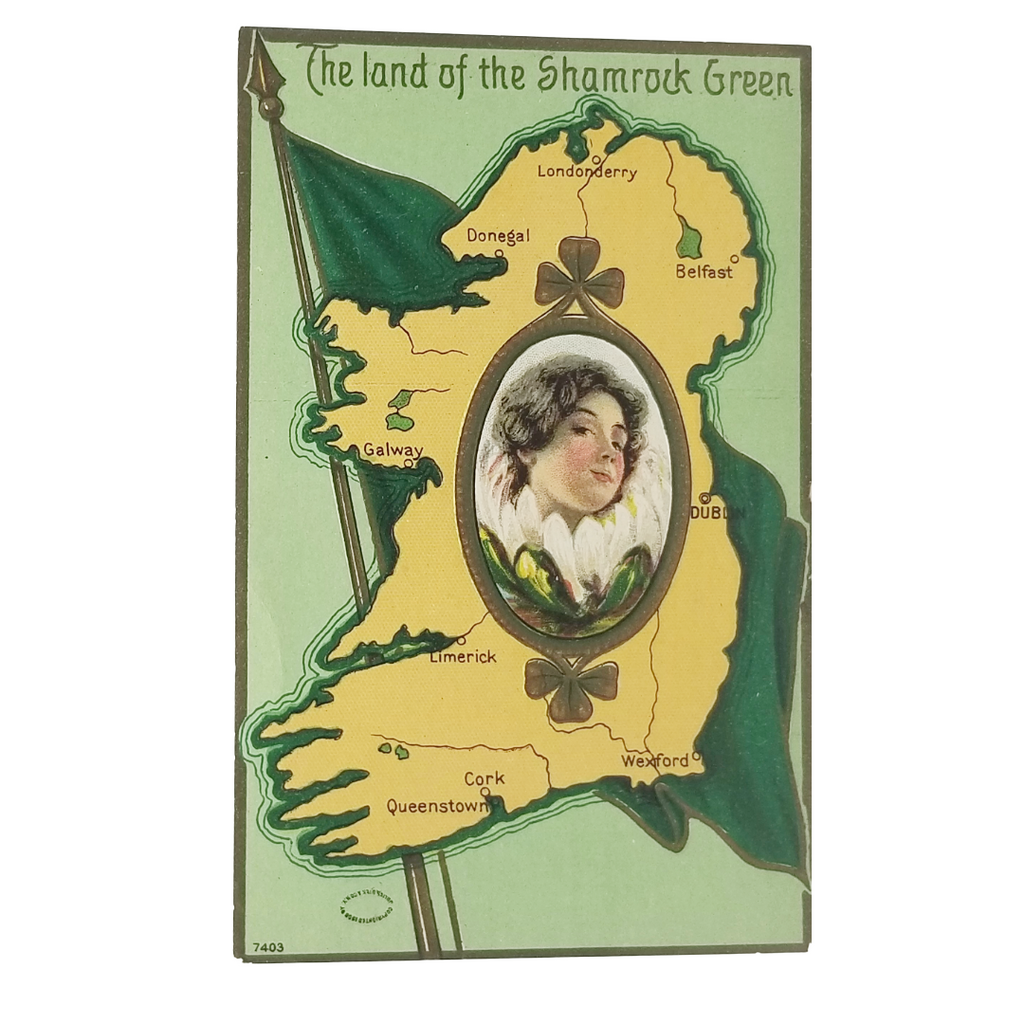 Vintage Saint Patrick's Day Postcard Girl Residing Inside Map Of Ireland Embossed