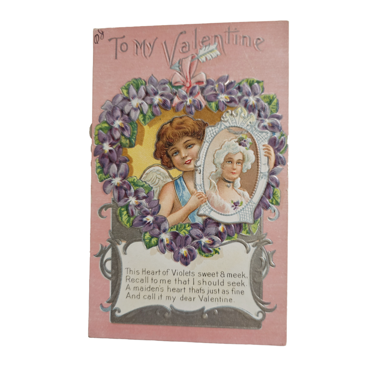 Valentine Postcard Cupid Holding Portrait of Woman Purple Heart Lilacs