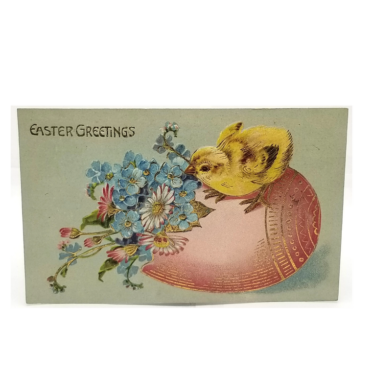 Easter Postcard Yellow Chick on Pink Gold Egg w/Daisy Flowers Embossed