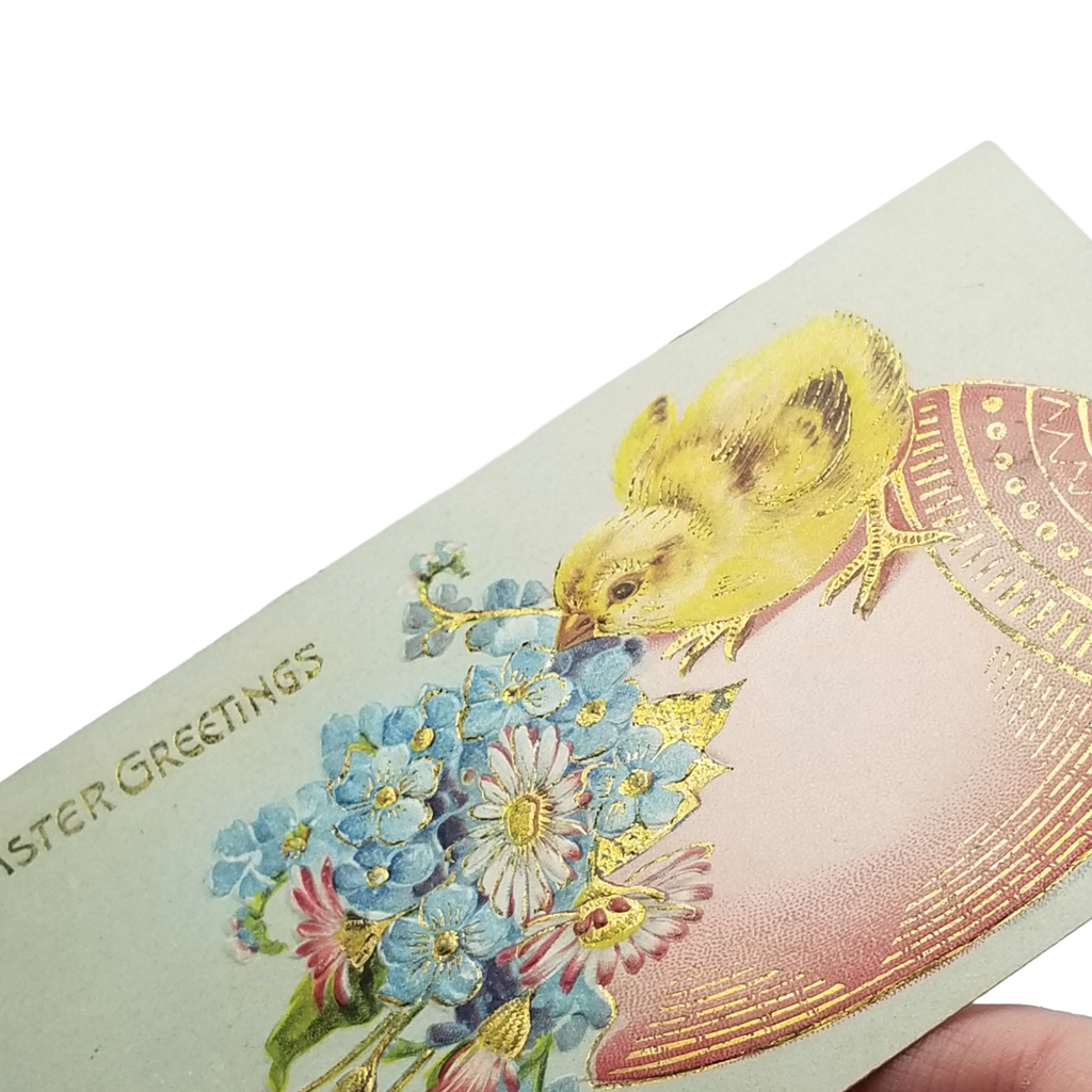 Easter Postcard Yellow Chick on Pink Gold Egg w/Daisy Flowers Embossed