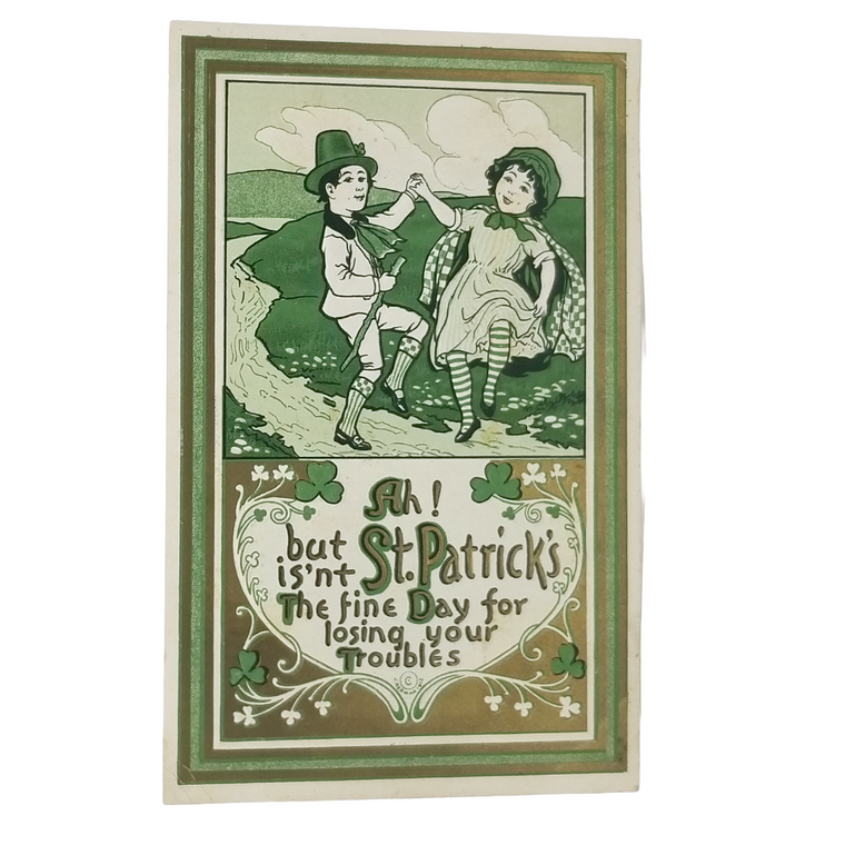 Vintage Saint Patrick's Day Postcard Irish Man and Woman Dancing Embossed Gold