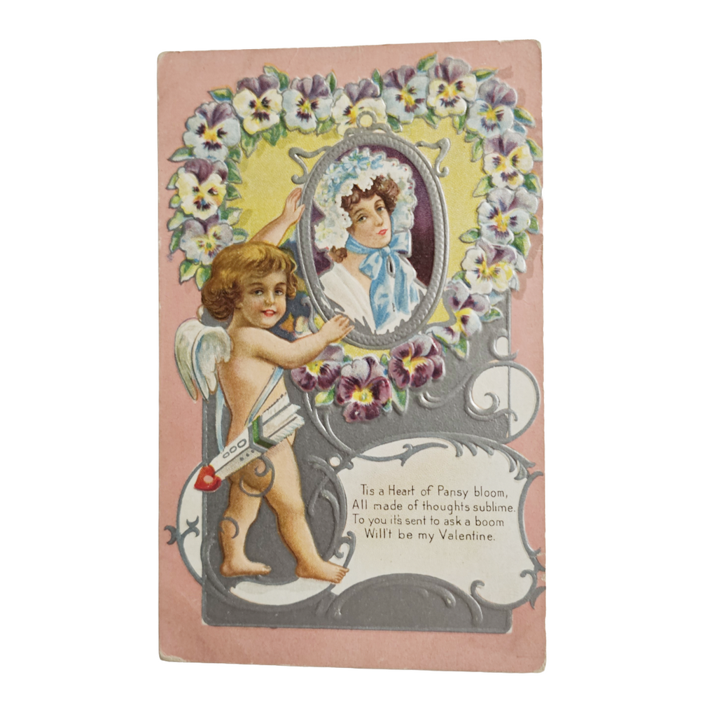 Valentine Postcard Embossed Cupid Hanging Mirror of Woman Up w/Purple White Heart Flowers