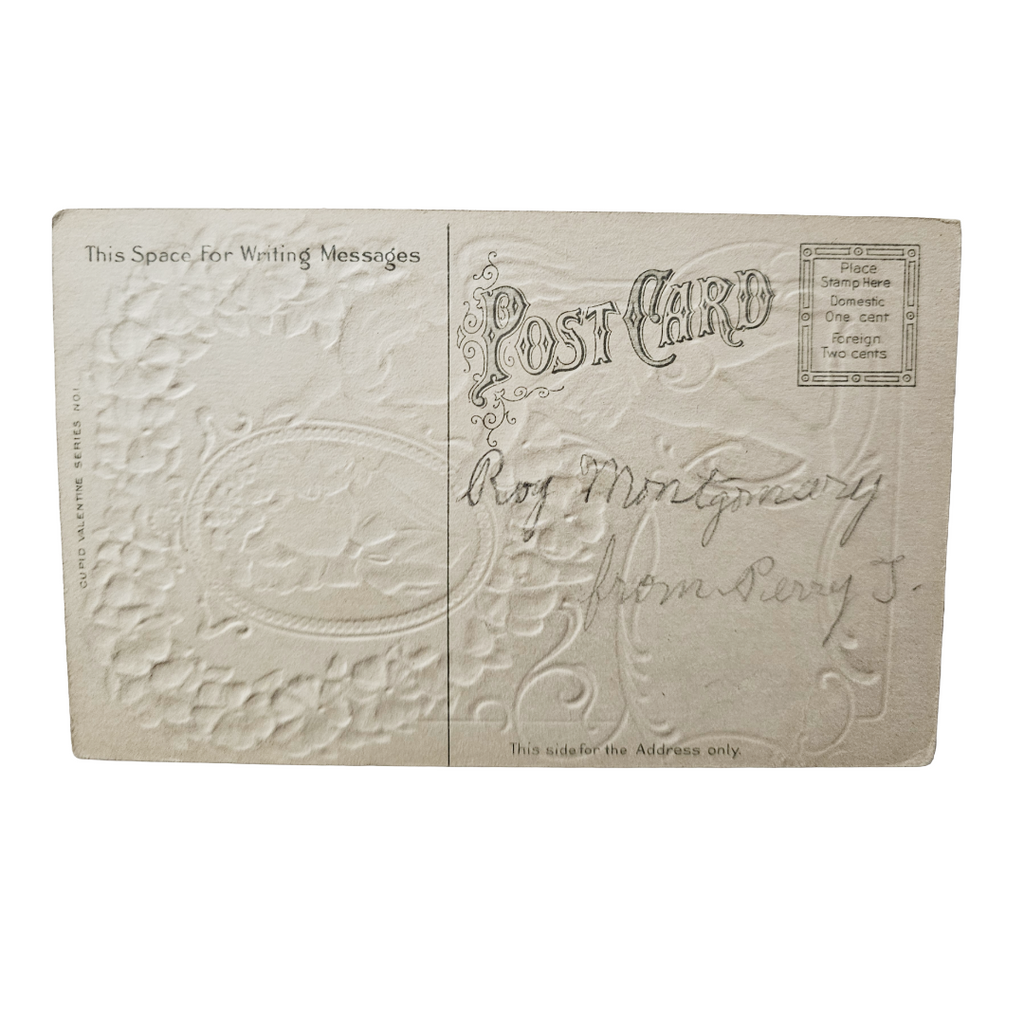 Valentine Postcard Embossed Cupid Hanging Mirror of Woman Up w/Purple White Heart Flowers