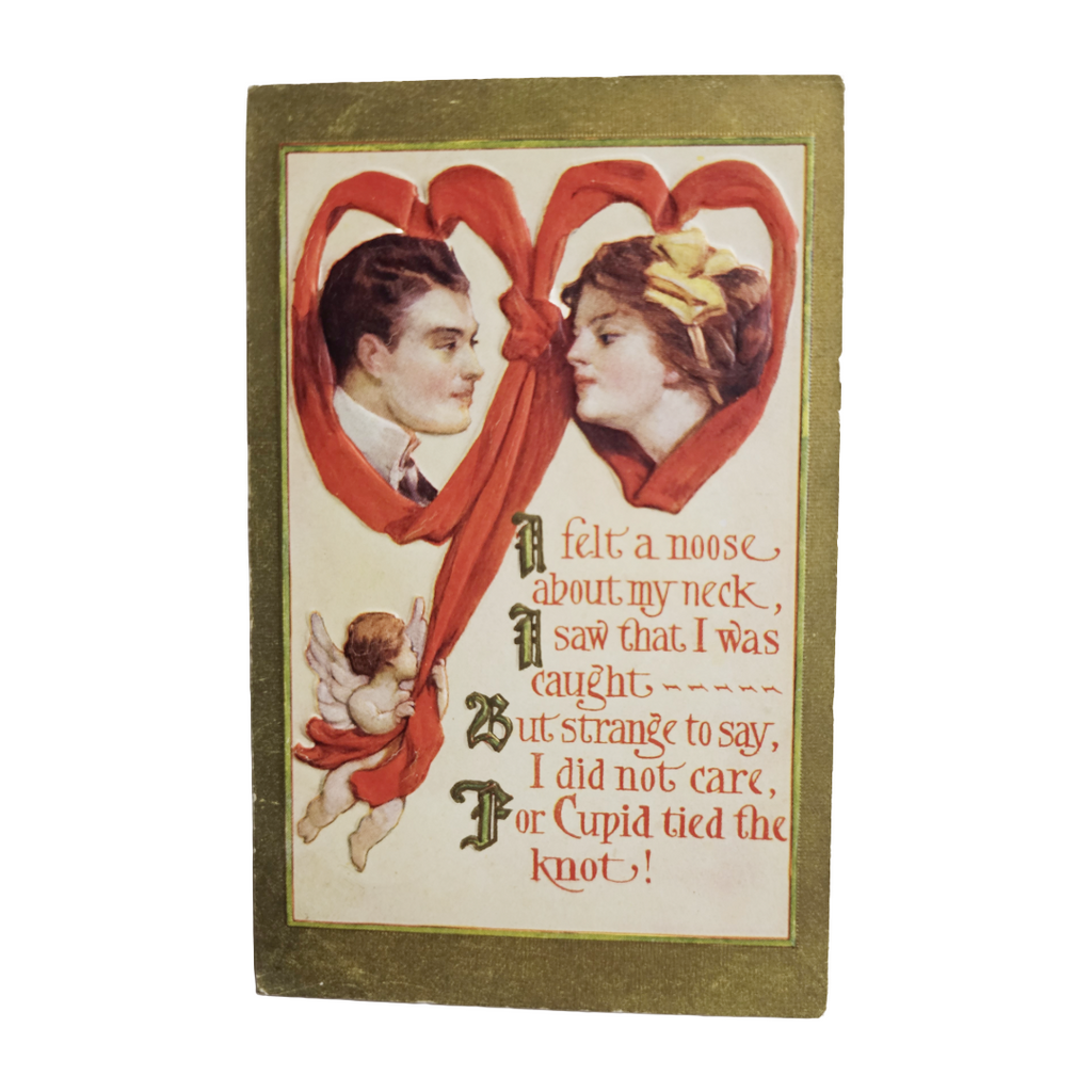 Valentine Postcard Harrison Fisher Man and Woman Heart Noose Gold Border