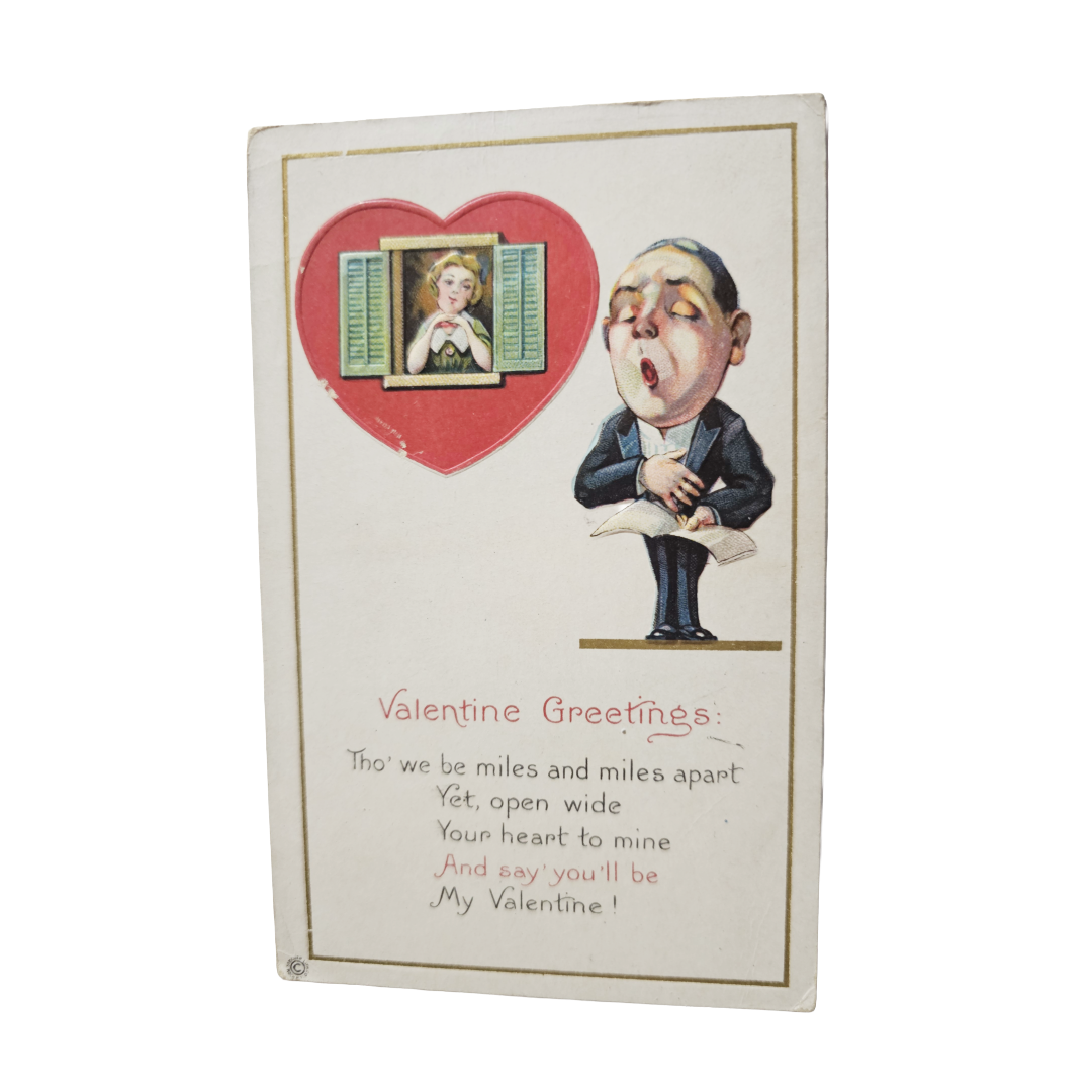 Valentine Postcard Embossed Man Serenading Woman in Window
