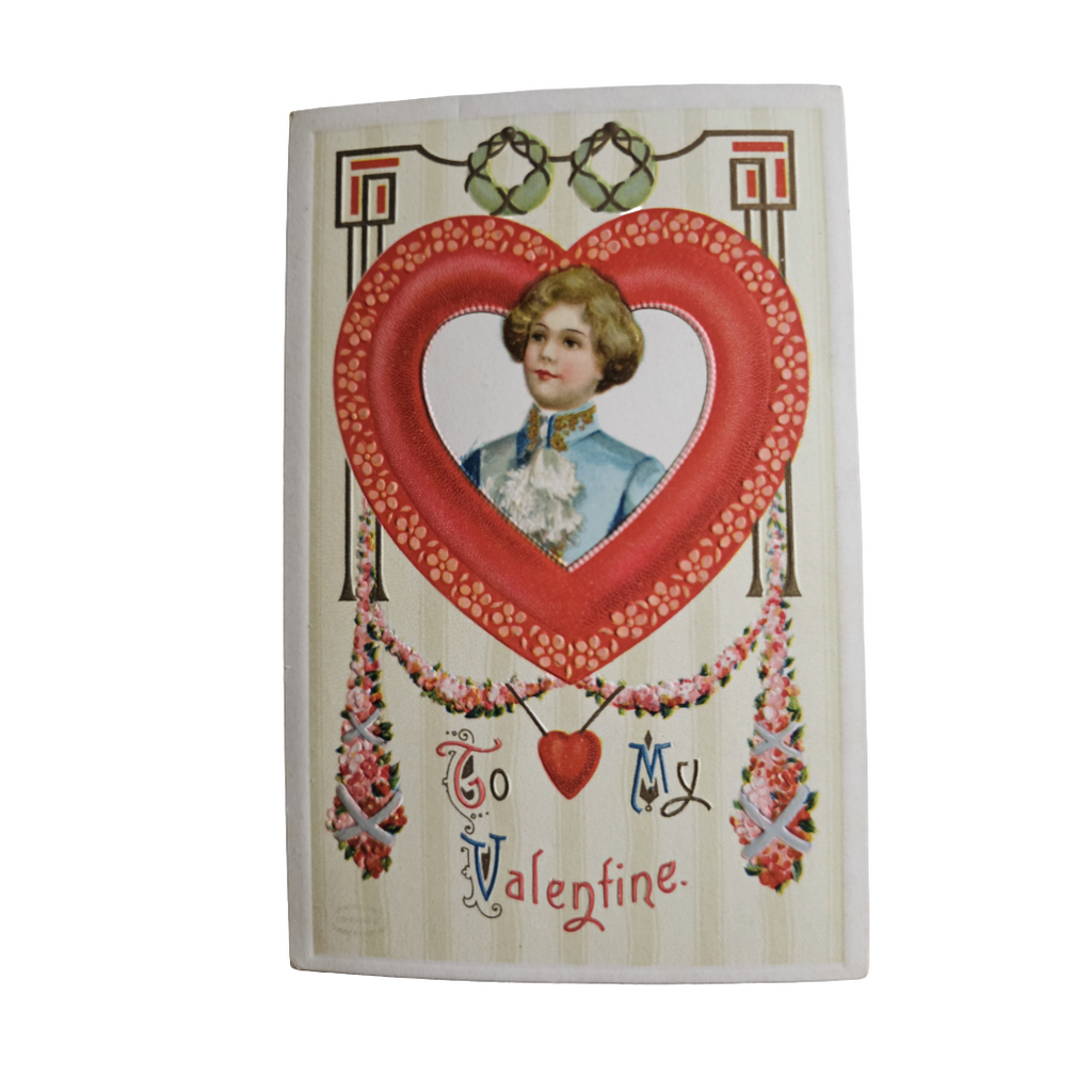 Valentine Postcard Embossed Man In Giant Red Heart w/Flowers