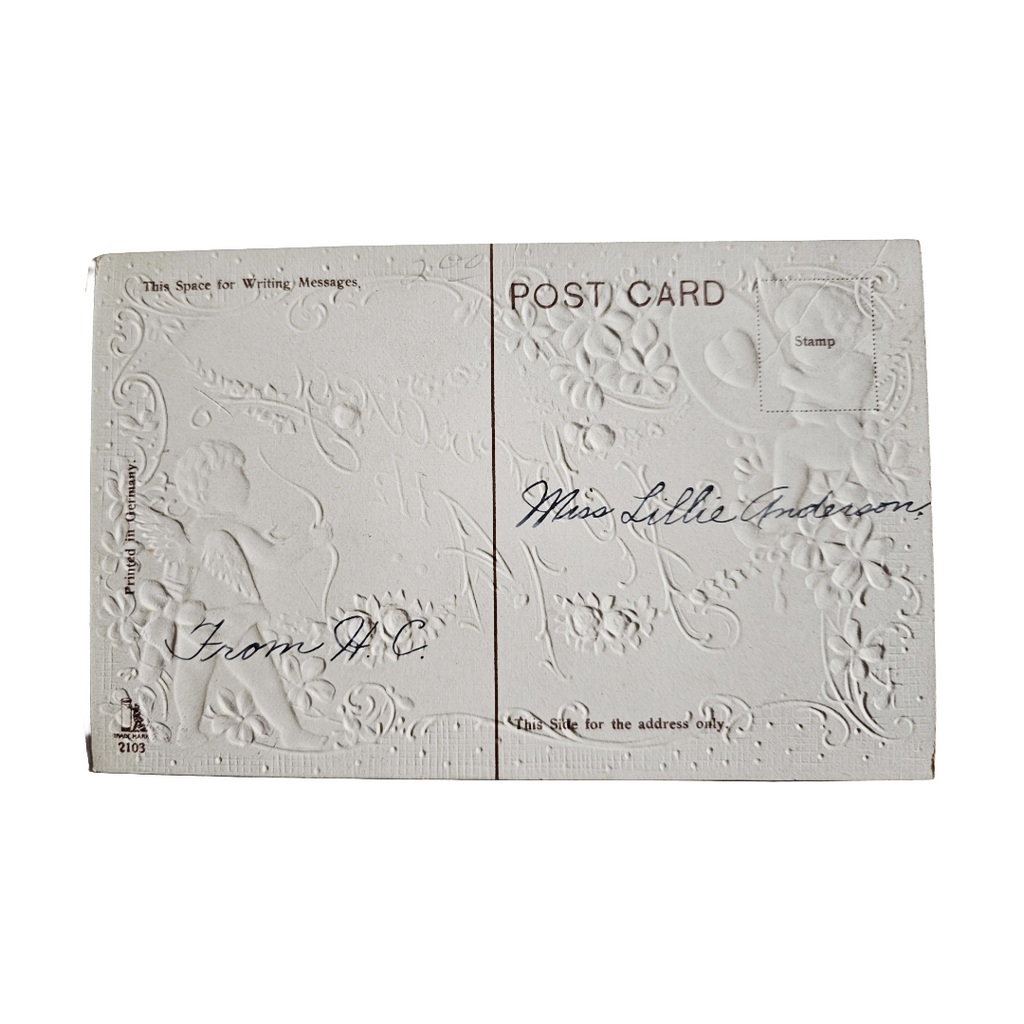 Valentine Postcard Embossed Cupids w/ Bow and Heart Purple/Pink Flowers