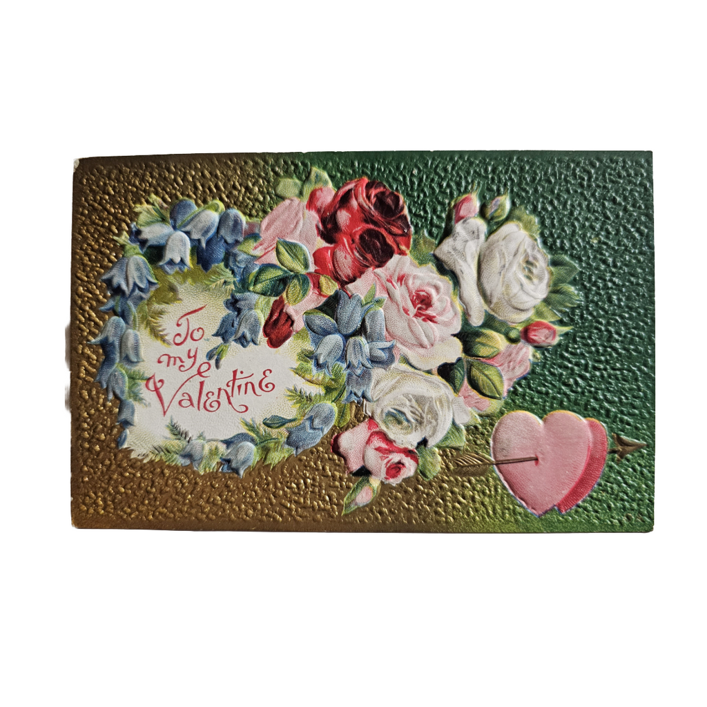 Valentine Postcard Victorian Blue Heart /with Bluebells and Roses