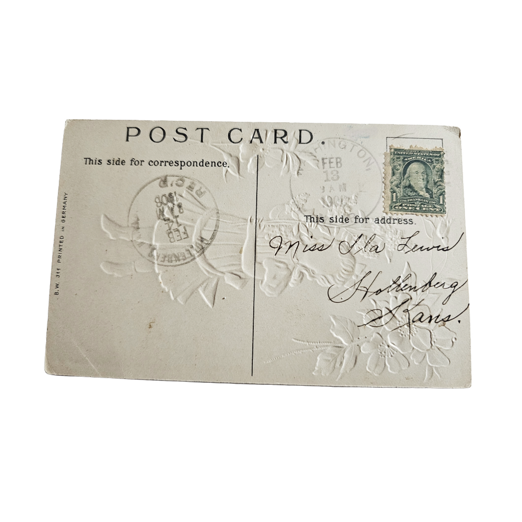 Valentine Postcard Young Girl In White Holding Purple Hydrangeas On Road