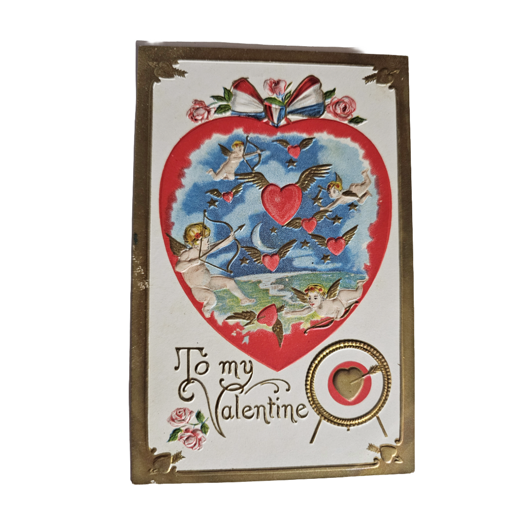 Valentine Postcard Gold Embossed Cupids Flying Around Red Moon Hearts