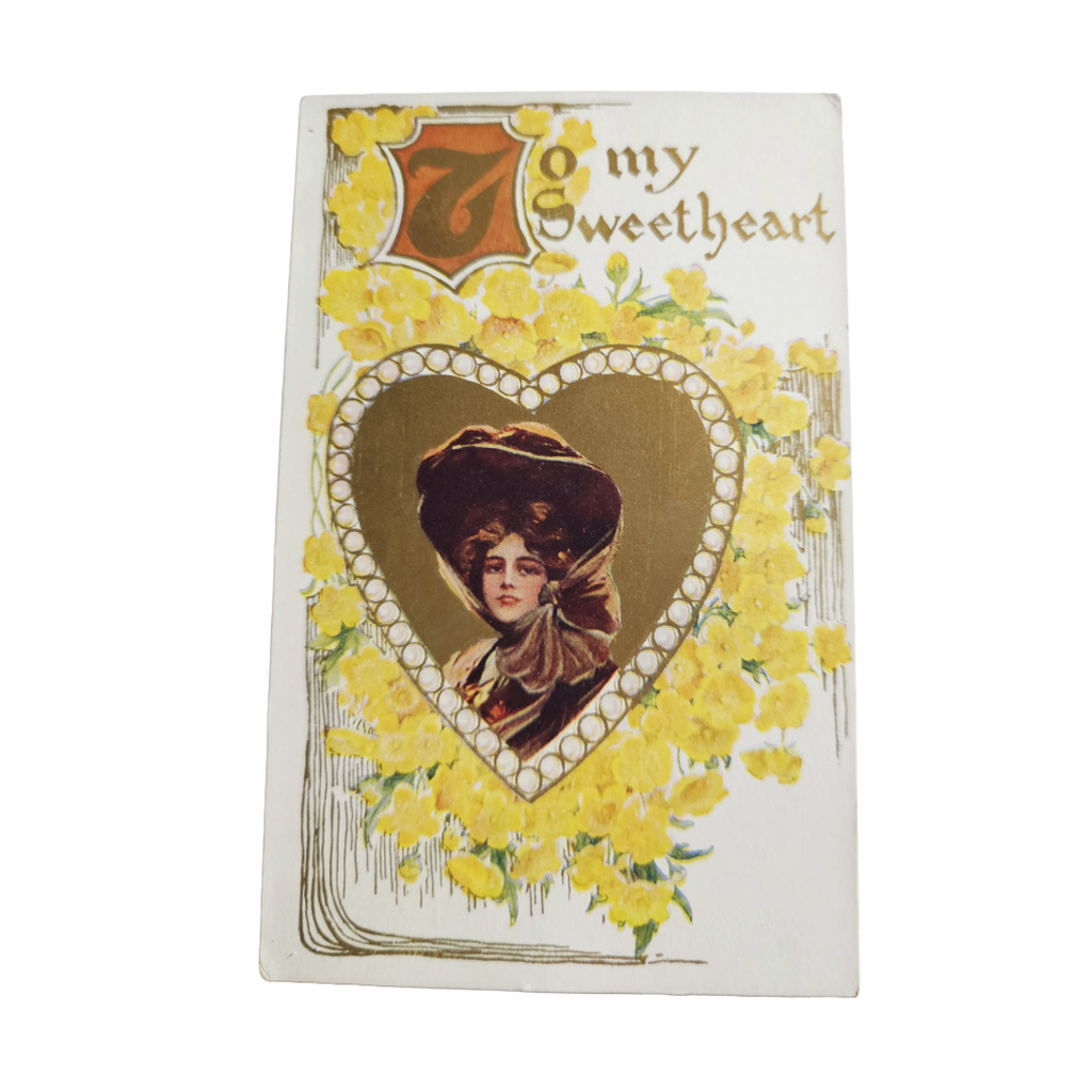 Valentine Postcard Gold Embossed Woman In Gold Heart w/Yellow Flowers
