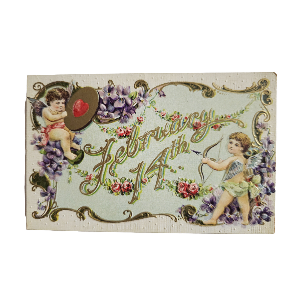 Valentine Postcard Embossed Cupids w/ Bow and Heart Purple/Pink Flowers