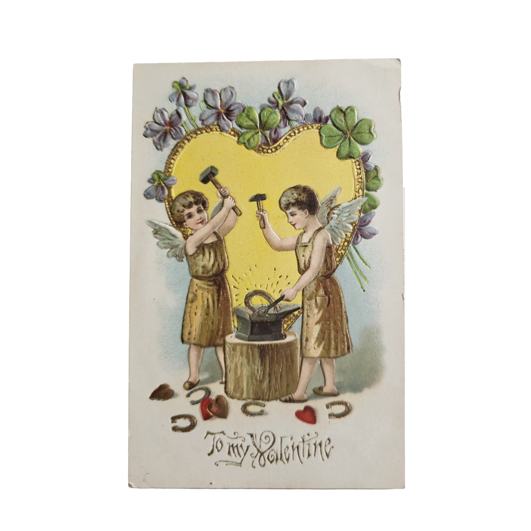 Valentine Postcard Two Blacksmith Cupids Purple and Green Clover Heart w/Horseshoe