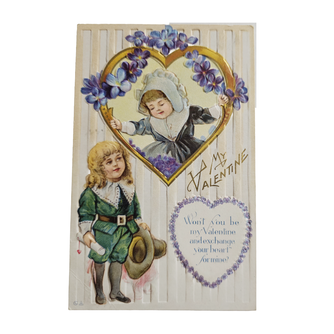 Valentine Postcard Little Sweethearts w/Purple and Blue Pansie Flowers