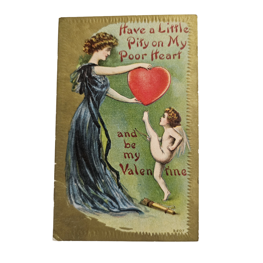 Valentine Postcard Gold Embossed Woman Holding Giant Red Heart w/Cupid Kicking
