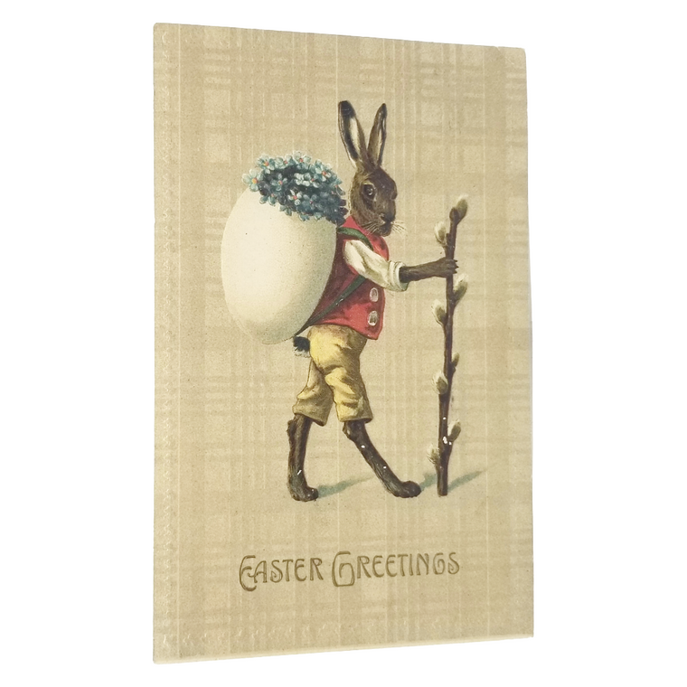 Easter Postcard Anthropomorphic Bunny Holding Cane w/ Giant Egg Of Blue Flowers