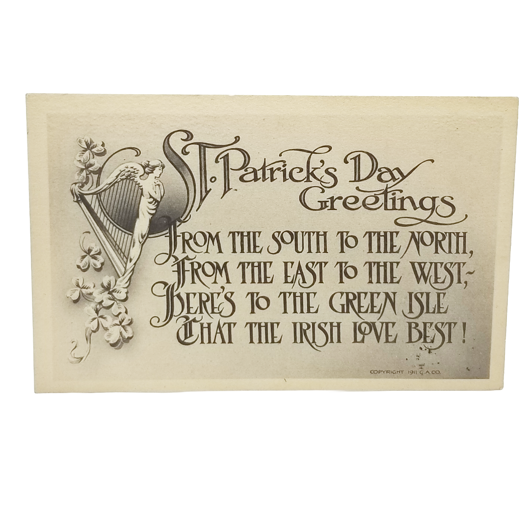 Vintage Saint Patrick's Day Postcard Erin's Harp w/St Patrick Poem