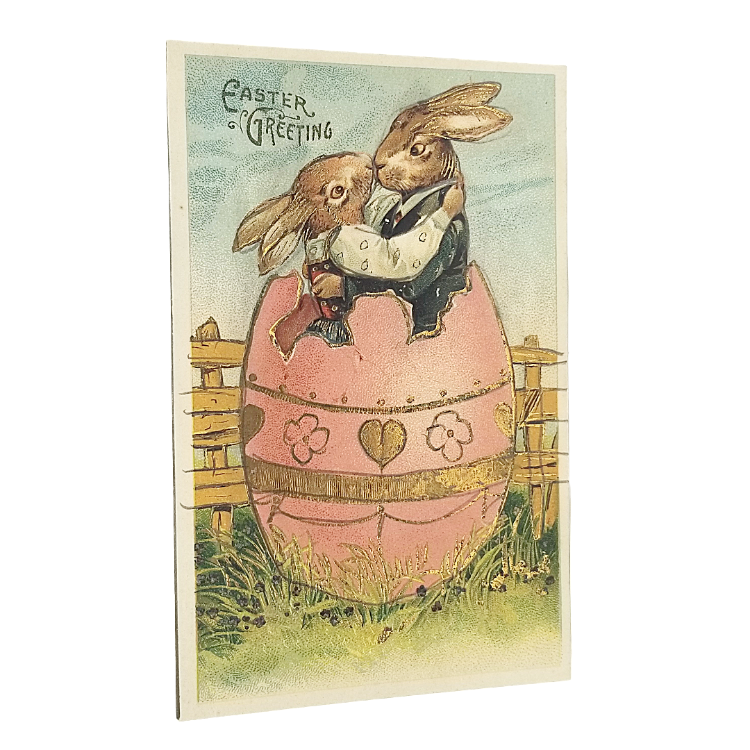 Easter Postcard Embossed Anthropomorphic Bunnies In Giant Pink Egg Gold Gilded