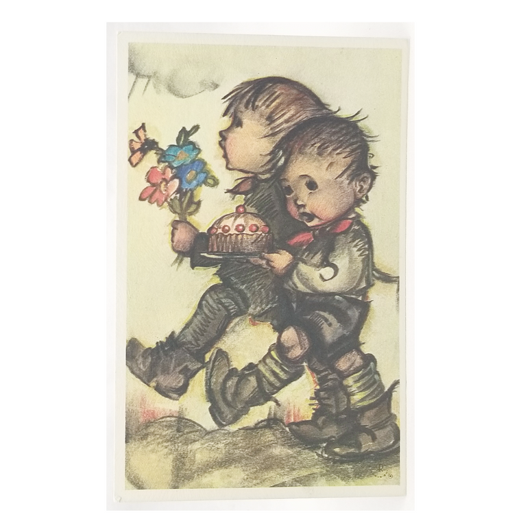 Vintage M.I. Hummel Artist Signed Postcard Boys w/Flowers In Storm