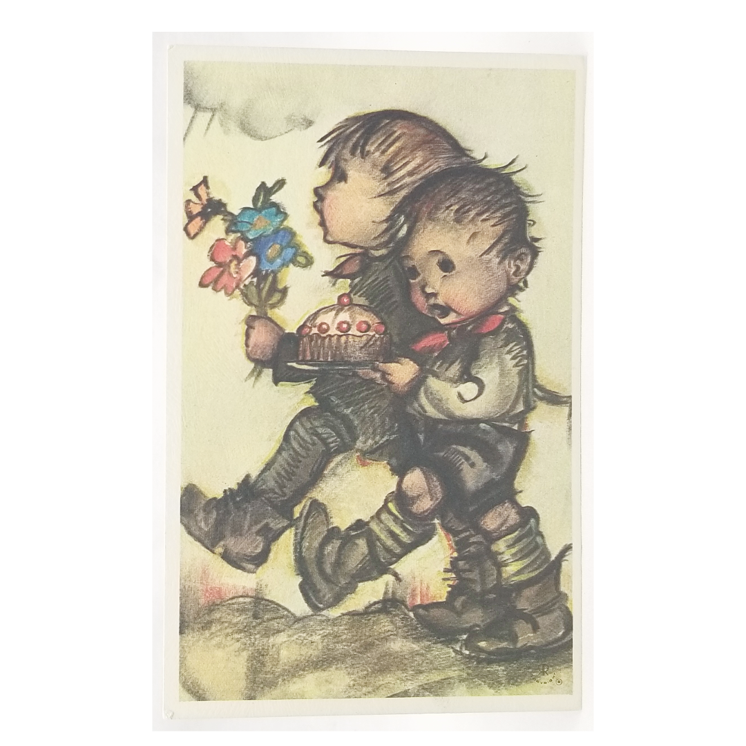 Vintage M.I. Hummel Artist Signed Postcard Boys w/Flowers In Storm