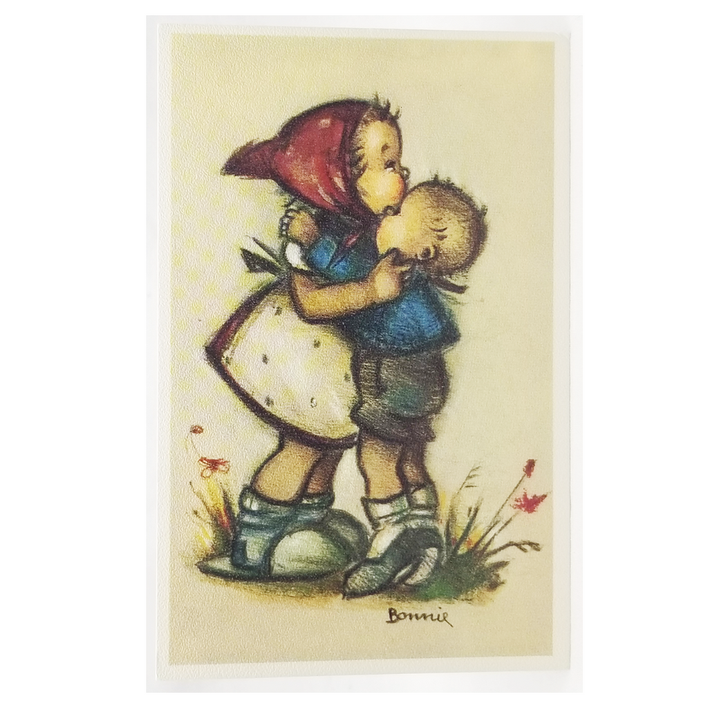 Vintage M.I. Hummel Bonnie Artist Signed Postcard Two Children Kissing w/Flowers