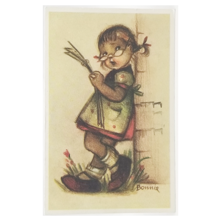 Vintage M.I. Hummel Bonnie Artist Signed Postcard Child w/Flower Stems