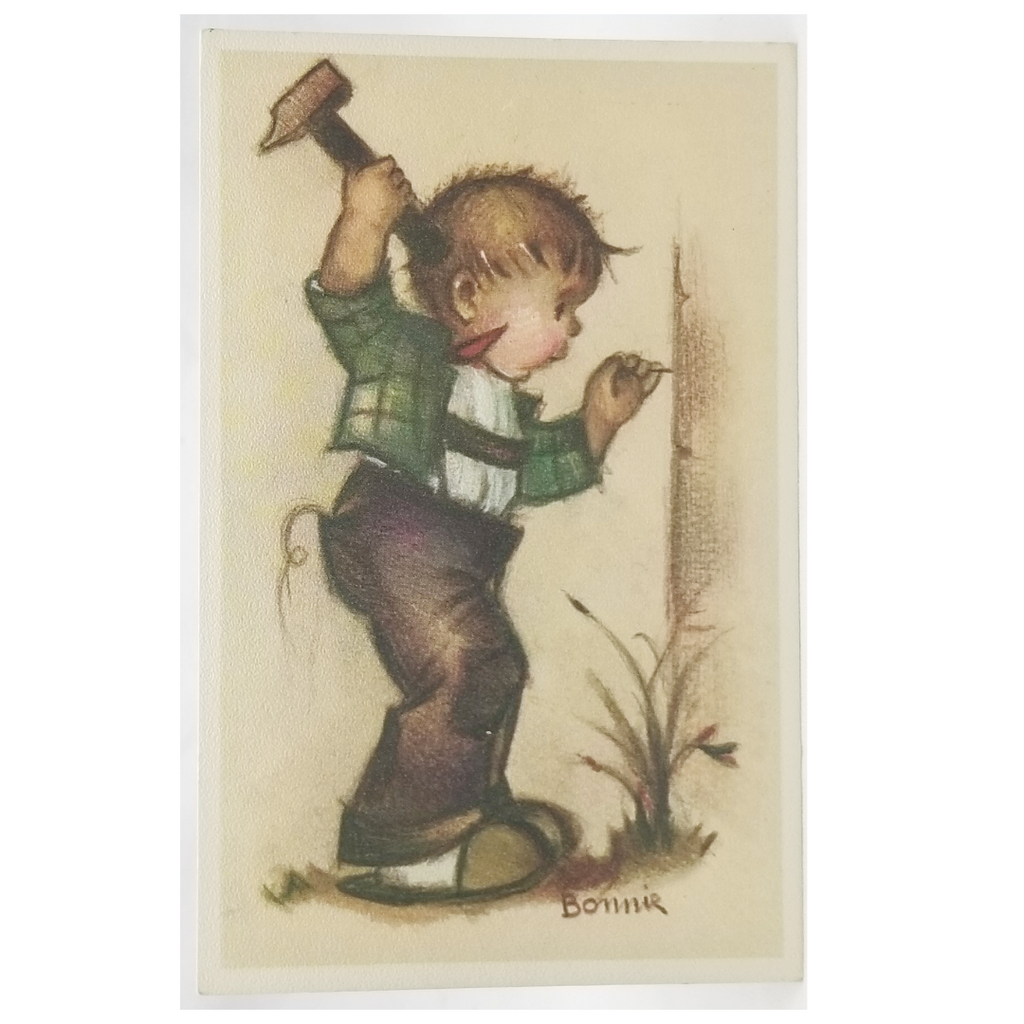 Vintage M.I. Hummel Bonnie Artist Signed Postcard Boy Working on Fence