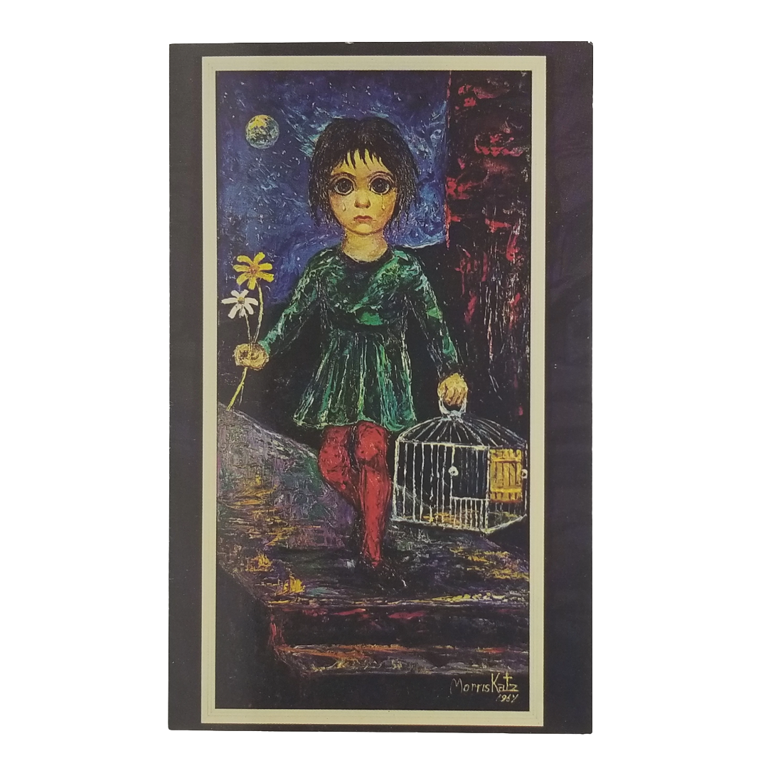 Vintage Artist Signed Morris Katz Big Eyed Girl w/Flowers Holding Cage