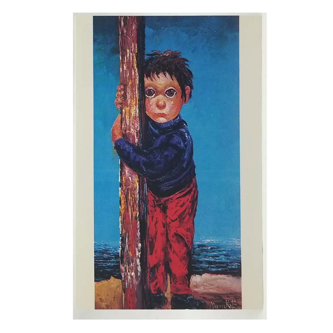 Vintage Artist Signed Morris Katz Boy w/Big Eyes Hugging Pole