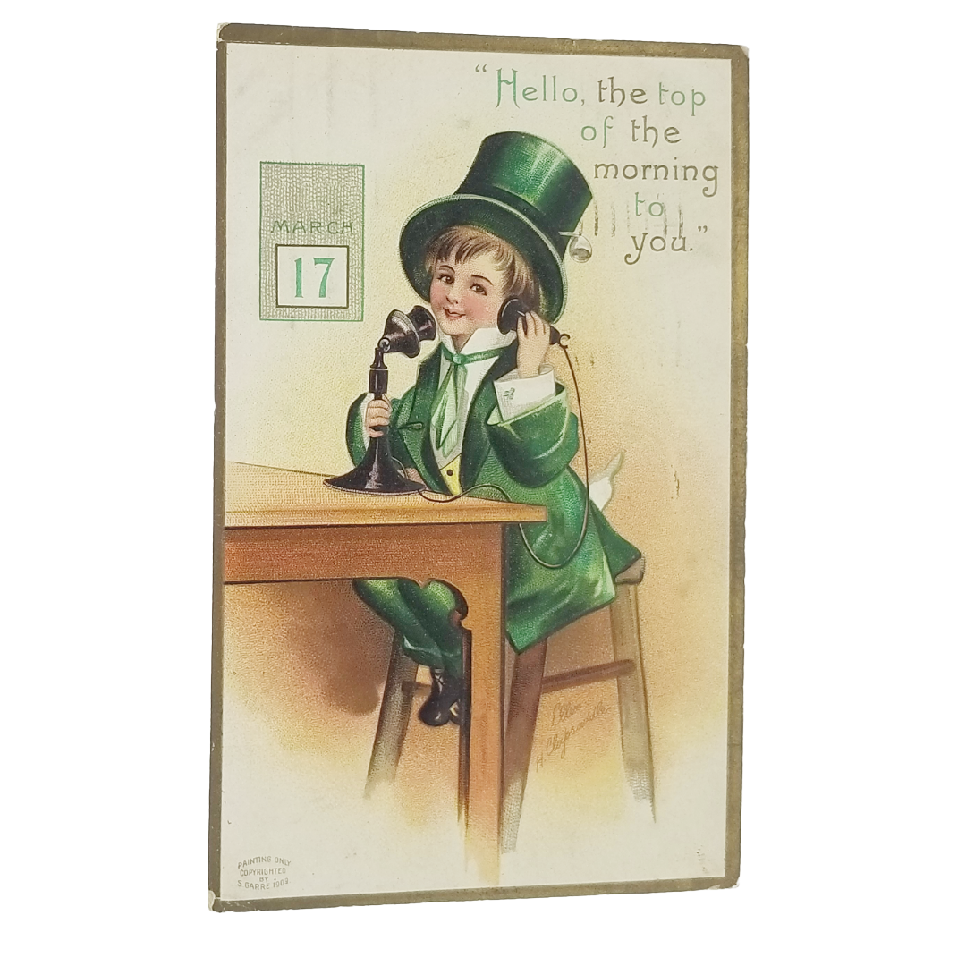Vintage Saint Patrick's Day Postcard Clapsaddle Boy In Green w/Telephone Gold Border