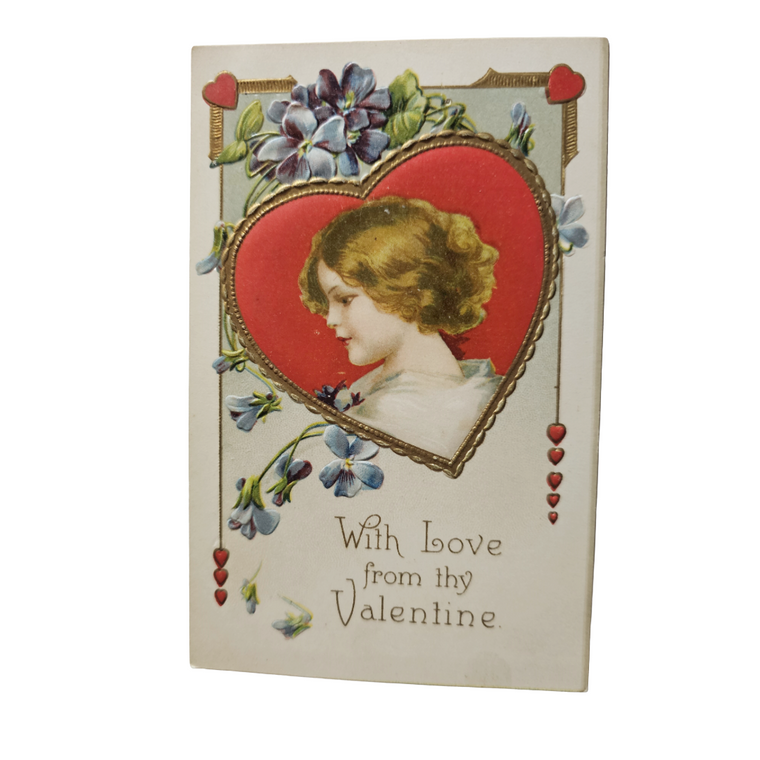 Valentine Postcard Embossed Clapsaddle Woman In Red Heart /Purple Flowers