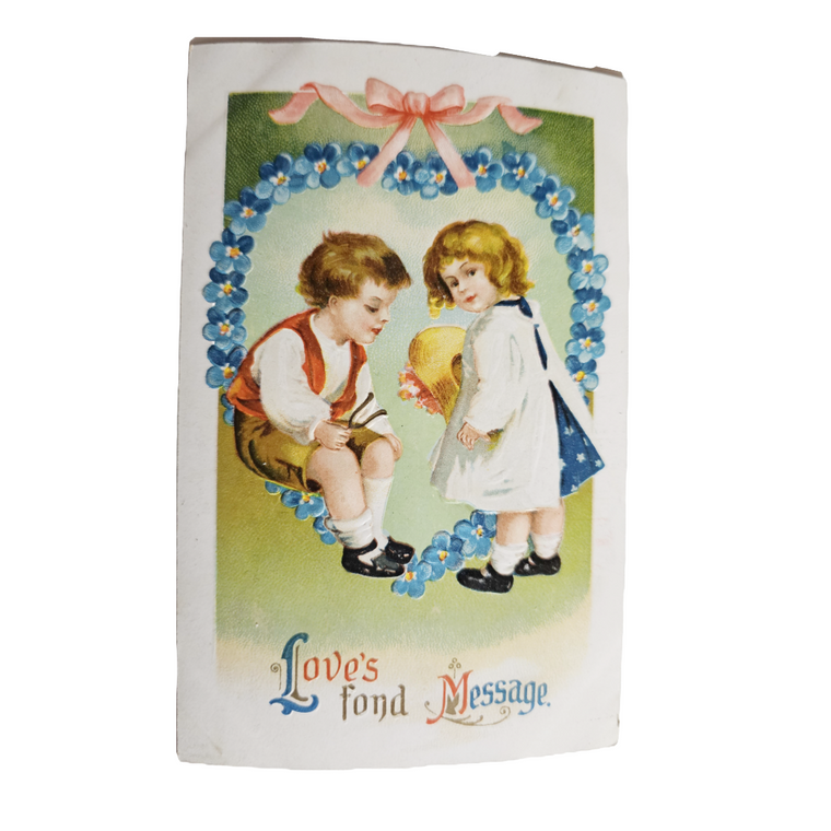 Valentine Postcard Clapsaddle Two Children In Blue Flower Heart w/Pink Ribbon